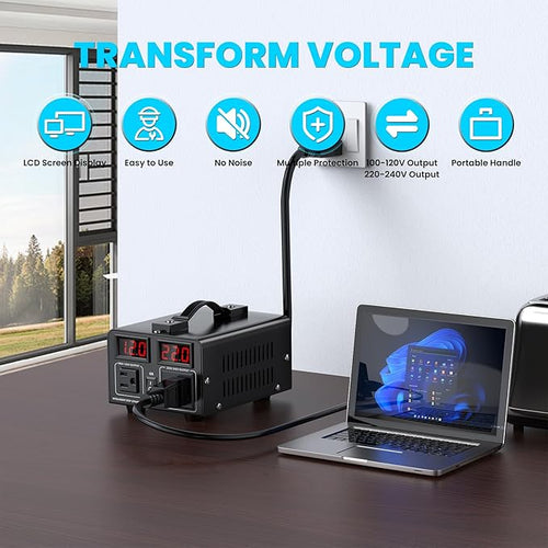 500W Voltage Converter Transformer(110V to 220V or 220V to 110V) Step Up/Down Converter 110/120 Volt - 220/240 Volt w/US Power Cord,Circuit Breaker Protection, LCD Screen Display, Manual Setting