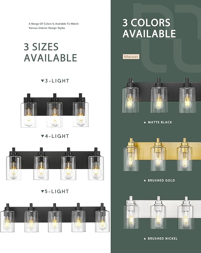 METWET 5-Light Bathroom Light Fixtures, 30 Inch Black Vanity Light with Cylinder Clear Glass Shade, Modern Vanity Lighting Fixtures Over Mirror, VL143-MB-5