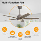 WINGBO 54" Ceiling Fan with Light - 5 Carved Solid Wood Blades, 6-Speed Reversible DC Motor, Dimmable, 3CCT, Noiseless Remote Control Ceiling Fans with Lights for Bedroom Living Room, Charcoal Gray