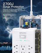 16 Outlets Surge Protector Power Strip, HANYCONY 5 Ft Flat Plug Heavy Duty Extension Cord with 16 Outlets 4 USB Ports(2 USB C), 2700 Joules, Wall Mount for Home Office, ETL Listed, White