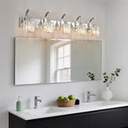 FDPBY Modern Bathroom Vanity Light, 5-Light Chrome Wall Sconce with Crystal Accents, Over Mirror Bathroom Lighting Fixture, 42.52" Long Dimmable Vanity Lamp for Makeup, Easy Installation
