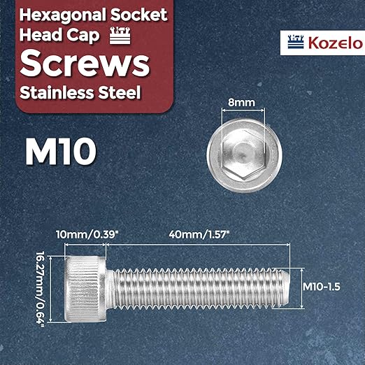 Kozelo 5pcs Socket Head Cap Screws - [M10-1.5 x 40mm] 304 Stainless Steel Allen Socket Drive for Electrical Motor 3D Printing Fan Engine Replacement Use, Silver