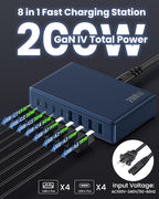 200W USB C Charger Block,GaN IV Charging Station 8 Ports,QC4.0 Fast Charging Station Hub+PD 65W USB C Laptop Charger Adapter Compatible with MacBook Air/Pro,DELL,iPhone 17/16,iPad,Steam Deck-Deep Blue