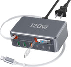 2026 Updated USB-C Fast Charging Station, 120W GaN 8-Port Retractable Charger Adapter, Includes 2.3ft Lightning+Type-C Dual Cable, Wall Charger Block Plug Cube for iPhone 17/16/15,iPad,Pixel, Galaxy
