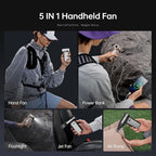 JISULIFE Portable Handheld Fan Ultra2 9000mAh, Max 25 Hrs, 5 IN 1, 100 Speed Turbo Fan, Rechargeable 18W Power Bank with Flashlight, Metal Shell Multi-Function Travel Essentials Gifts for Men-Grey