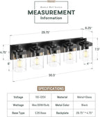 METWET Bathroom Light Fixtures, 5-Light 30" Vanity Light with Square Clear Glass Shade, Modern Matte Black Wall Sconces, Vanity Lighting Fixtures Over Mirror, VL194-MB-5