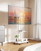 ECOTINY Steel Base Rolling TV Stand for 32-75 inch TVs up to 110 lbs, Leveling & Tilt & Swivel Mobile TV Stand with Hidden Wire Management, Height Adjustable Portable Tv Stand with Steel Shelf, White