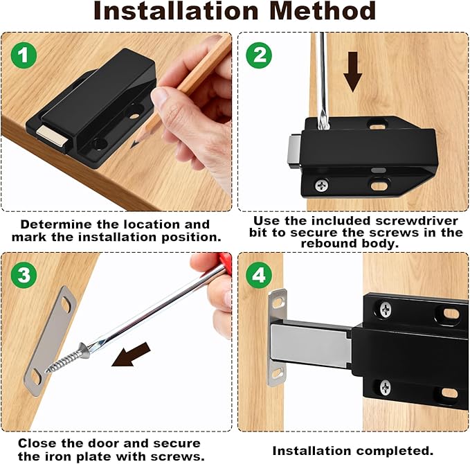 4 Pack Magnetic Push Latch ，Heavy Duty Magnetic Touch Latch，for Push to Open Cabinet or Kitchen Drawer、 Kitchen Door，on Strong Pop Out (Black - 2.7 inch, 4 Pack)