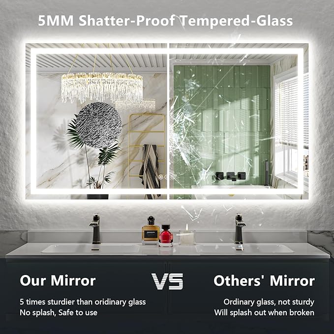 YEELAIT 68x38 Inch LED Bathroom Mirror with Lights Front and Backlit Lighted Vanity Mirror for Bathroom Wall with 3 Colors Dimmable Anti-Fog Memory Shatter-Proof IP54 Waterproof Horizontal/Vertical