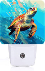 FSHVQKD Watercolor Wild Turtle Night Light,Plug Into Wall for Boys Girls Bedroom Decorative Square Night Light Lamp 0.5w Sleep Friendly