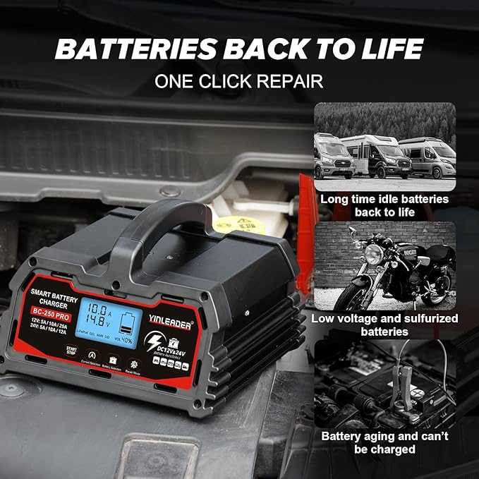 Battery Charger 25A, 12V/24V Lead Acid Smart Battery Charger, 12V LiFePO4 Car Battery Trickle Charger, Automatic Battery Maintainer for Car Motorcycle Lawn Mower Marine Boat Lead Acid Batteries