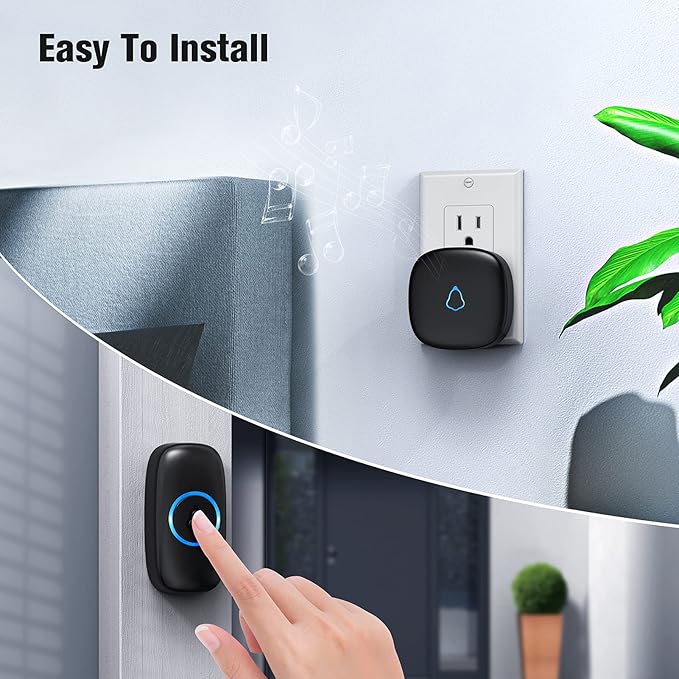 SECRUI Doorbell, Wireless Doorbell with 2 Receivers Easy installation, Adjustable Volume, 58 Chimes, Colorful LED, 1000Ft Range, M520+F55, Black