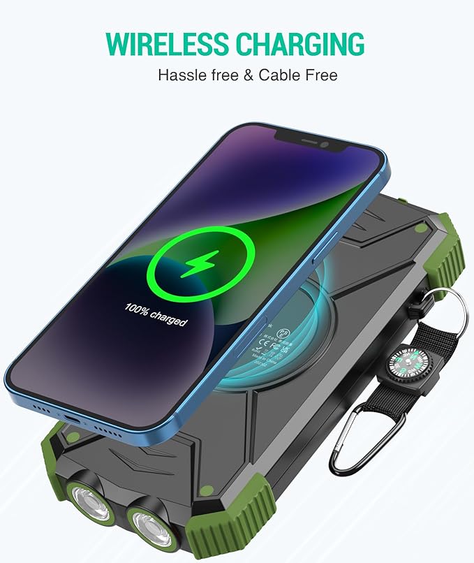 BLAVOR Solar Power Bank 10,000mAh, Portable Wireless Charger, 20W Fast Charging External Battery Pack with USB C for Cell Phones, Solar Panel Charging with Dual Flashlight for Camping
