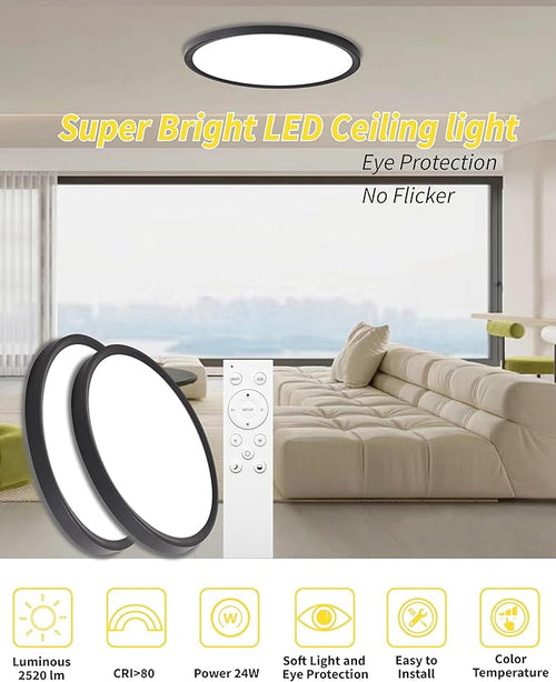 4Pack 12 Inch Remote Control Dimmable LED Flush Mount Ceiling Light Panel,24W 2520LM,2700K-6000K Adjustable Color,Ultra Thin Round Black Ceiling Light Fixture for Hallway Kitchen Bedroom Home Office