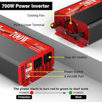 700W Pure Sine Wave Inverter 12V DC to 120V AC – 1400W Peak, Power Inverter with 2 AC Outlets + Dual 3.4A USB Ports, Display, Auto Recovery & 6 Protections for RV, Truck, Camping, Home Backup