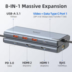 Docking Station USB C Video,8K Laptop Docking Station Dual Monitor 8K@60Hz 2*HDMI,USB-C Hub with USBC Video Output,4 * 10Gbps USB Port,Ethernet,100W PD for Portable Monitor,MacBook Pro/Air,Dell,HP