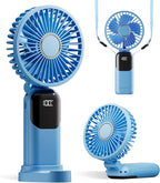 GOCKERA Portable Fan, 4200mAh Battery Operated Fan, 5 Speeds&Digital Display, Makeup Fans for Women with Base, 180°Foldable 3in1 Handheld/Neck/Desk Fan for Outdoor Indoor,Ultra Quiet (sky blue)