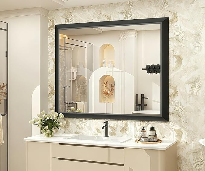 SMIROR Matte Black Bathroom Mirror for Over Sink 40x 30 inch, Metal Thick Frame Rectangle Vanity Mirror for Wall, Anti-Rust, Horizontally or Vertically Mounted