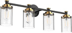 PHIXART Bathroom Lighting Fixtures Black and Gold Bathroom Vanity Light with Cylindrical Clear Stripes Glass Lampshade E26 Socket Base Bathroom Lighting Fixtures Over Mirror (4 Lights)