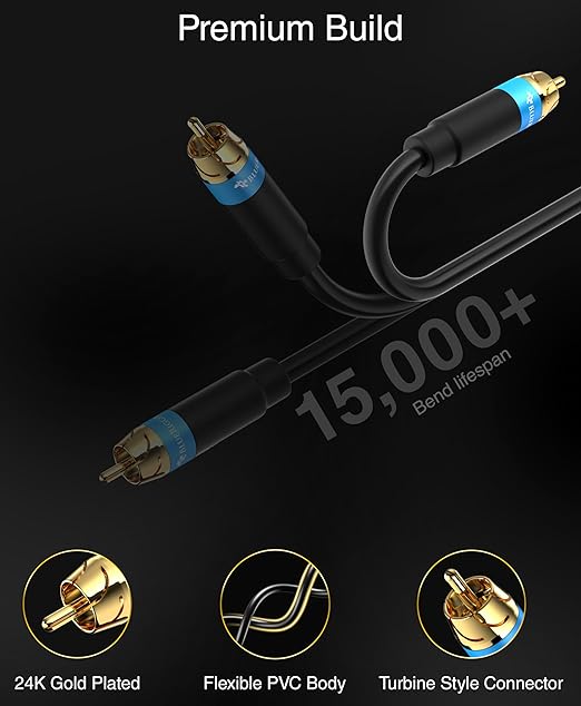 BlueRigger RCA Audio Subwoofer Cable (15FT, Dual Shielded, Gold Plated RCA Connectors) – for Subwoofer, Amplifier, Home Theater