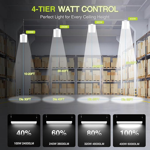 2 Pack 400W LED Linear High Bay Light 4FT, Adjustable 400W/320W/240W/100W With Motion Sensor, 60000LM, 120-277V, 0-10V, 5000K, Commercial Linear High Bay Led Shop Lights for Warehouse Workshops, UL