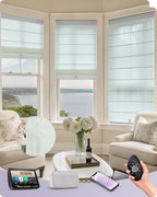 Graywind Smart Natural Roman Shades Compatible with Alexa Google Rechargeable Light Filtering Motorized Blinds with Remote Plain Fold for Doors Bedroom, Custom Size (Strip White)