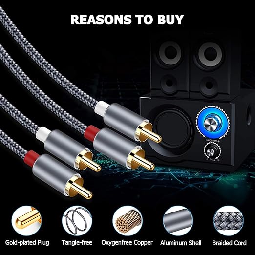 Goalfish RCA Cable, 4FT RCA Audio Cable [Shielded, Nylon Braided] Stereo 2RCA to 2RCA Male to Male Cord for Speaker, Subwoofer, Home Theater, HDTV, Amplifiers, Hi-Fi Systems, Car Audio-Grey