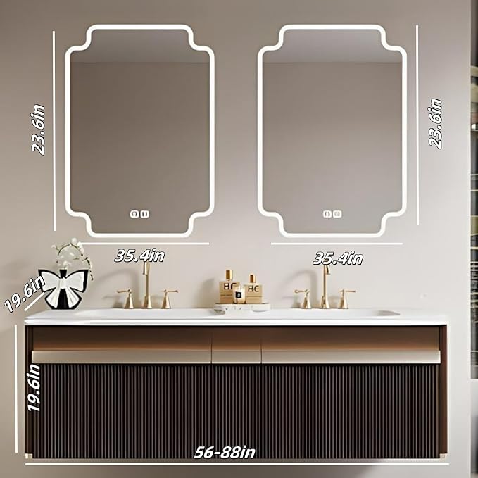 Bathroom Vanity with Double Sink - Bathroom Cabinet Vanity Including Grille Shaped Panel | Bathroom Vanity Double Sink, Soft Light LED Lights & Smart Defogging Mirror (Mirror, 80IN)