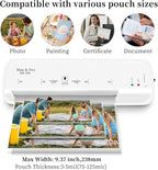 Mas & Pro Thermal Laminator Machine 9 Inch with 40 Laminating Sheets, Hot & Cold, Anti-Jam, Fast Warm-Up, 2-Roller, Portable for Home Office School, Letter Size/A4/A5/A6/Photo/Document, White