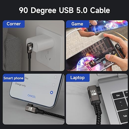 USBC right angle Cable 6.6FT Compatible With Thunderbolt 5/4,90 degree Type C 240W Fast Charging,USB C 16K@60Hz/8K@120Hz HD Video Output for Display,USB 5/4 Cable 80Gbps Data Transfer for SSD/Dock.