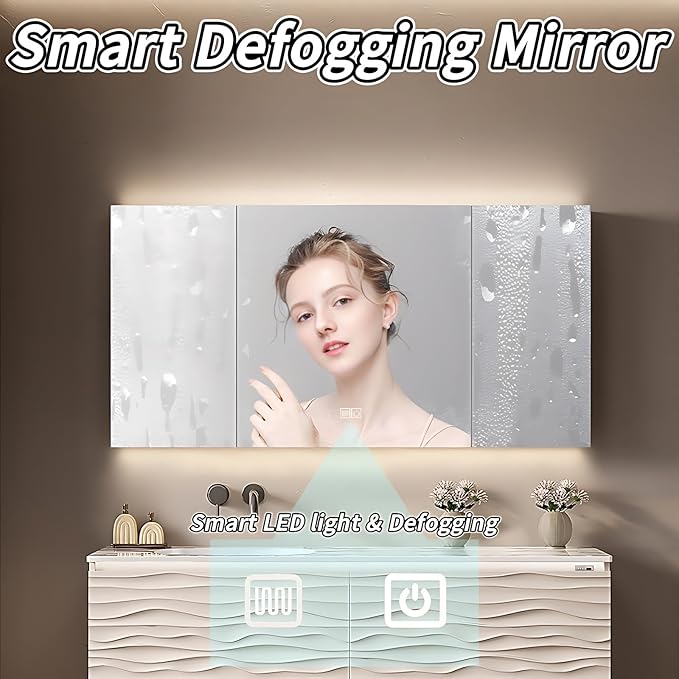 56IN Bathroom Vanity - Smart Defogging Mirror Cabinet | Waterproofing Technology & Wave Shaped Door Panel, Floating Bathroom Vanities with Large Storage Space (Mirror Cabinet)