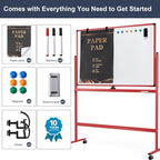 Rolling Whiteboard, 48x32 Inches Dry Erase Board with Stand, Magnetic Mobile Whiteboard on Wheels, Standing White Board for Office, School, Home, Large Double Sided White Board with Paper Pad