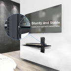suptek Glass Floating Shelf, 1 Tier Media Shelf for TV Accessories, Flat Black Wall Mount Bracket, 17.6lbs Weight Capacity, Quick Installation, Cable Management, Custom Style, Backless