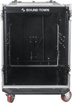 Sound Town Heavy-Duty 1/2" (12mm) Plywood 14U PA DJ Rack/Road ATA Case with 11U Slant Mixer Top, 20’’ Rackable Depth, 2 DJ Work Tables and Casters, 14-Space Size, Pro Tour Grade (STMR-14UWT2)