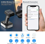 Symcode Pro 1D 2D QR Wireless Barcode Scanner with Display Screen Battery Level Indicator Time Display Works with Bluetooth with Charging Cradle Base for Warehouse Supermarket Library