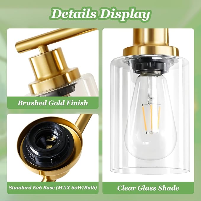 Guliaofo 6-Light E26 Gold Bathroom Vanity Lights, Modern Bathroom Light Fixtures with Clear Glass Shade, Wall Lamps for Mirror Hallway Kitchen Cabinet Living Room Sconces Lights