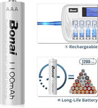 BONAI Rechargeable AAA Batteries with Charger, 8+1 Bay Battery Charger AA AAA with LCD Display for 1.2V NiMH AA AAA 9V, 1100mAh High Capacity Low Self Discharge- 8 Pack