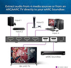 OREI 4-Port eARC 8K Audio Extractor 4x1 Switch for Monitors TVs, Extract Dolby Atmos to Convert Sound bar 4K @ 120hz 18G ARC HDCP 2.3 Perfect for 8K Displays, CEC, Remote Control Works for Sonos Bose