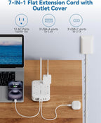 20FT Extension Cord with Outlet Cover & Multi USB, Ultra Thin Outlet Concealer with Cord & 12AC Outlet 6 USB (24W/4.8A), Charging Station for Multiple Devices, for Behind Wall Furniture Couch TV