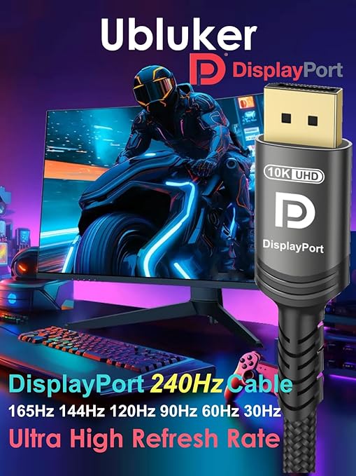 Ubluker 10K 8K DisplayPort 2.1 Cable 54Gbps 6.6 FT, Certified DP to DP Cord 4K 240Hz 165Hz 144Hz 120Hz 10K 8K 120Hz Nylon Braided UHBR HDCP2.3 FreeSync G-Sync RTX5090 Gaming Monitor PC Projector