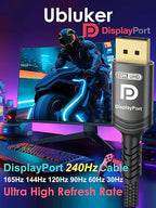 Ubluker 10K 8K DisplayPort 2.1 Cable 54Gbps 8 FT, Certified DP to DP Cord 4K 240Hz 165Hz 144Hz 120Hz 10K 8K 120Hz Nylon Braided UHBR HDCP2.3 FreeSync G-Sync RTX5090 Gaming Monitor PC Projector