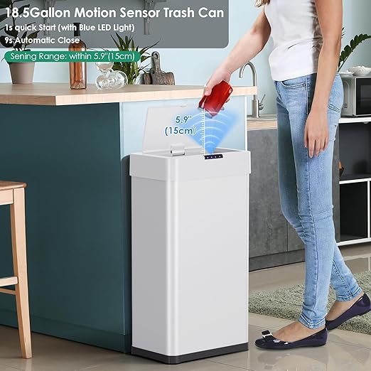 Arlopu Automatic Trash Can,Sensor Motion Stainless Steel Garbage Bin, Touchless Smart Waste Bin, W/Stay-Open, Soft Close Lid, Display Light for Kithchen, Living Room, Office (White, 18.5gal)