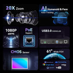 Tenveo HDMI/USB3.0/LAN(PoE) PTZ Camera AI Humanoid & Face Auto-Tracking, 20X Optical Zoom PTZ Camera IP Live Streaming, FHD 1080P 60FPS, for Church Services Worship Video Conference Live Streaming