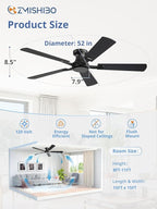 ZMISHIBO 52 Inch Ceiling Fan No Light, Flush Mount Low Profile, Modern Black Ceiling Fan Without Light, Remote Control & Quiet DC Motor, for Indoor&Outdoor, Bedroom, Living Room