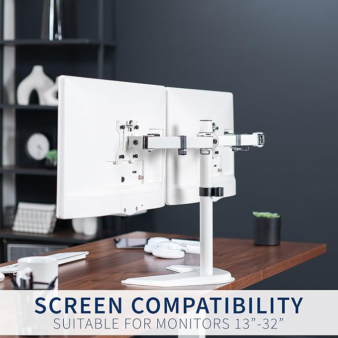 VIVO Dual LED LCD Monitor Mount, Free-Standing Desk Stand for 2 Screens up to 32 Inch, Heavy-Duty Fully Adjustable Arms with Max VESA 100x100mm, White, STAND-V032FW