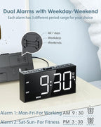 Alarm Clock for Bedroom Heavy Sleepers, Dual Alarms,Weekday/Weekend/Everyday,7.5''LED Large Display,5 Dimmer,Digital Clock with Snooze, 5 Volume,Type C & USB Chargers,Snooze,Battery Backup,Easy to Use