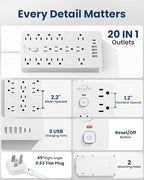 JouleLoom Surge Protector Power Strip-14 Outlets and 6 USB Ports, 10 Feet Flat Plug Extension Cord, 1850 Joules, White, ETL Listed for Home, Office, Dorm Room