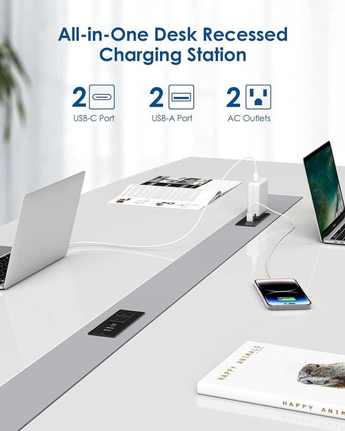 45W USB C Recessed Power Strip,Flush Mount Desk Recessed Outlet,Space-Saver for Furniture Side Table,2 USB-C &2 USB-A Ports,2 AC Outlets,6ft Cord,Ultra Thin Flat Plug