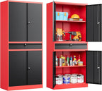 SISESOL Metal Storage Cabinet with Drawer and Lock,Garage Storage Cabinet with Locking Doors and Shelves,71" Black Red Metal Cabinets,Lockable Steel Tool Cabinets for Garage,Home,Office,Shop