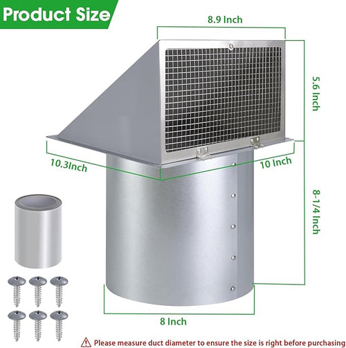 8 inch Hooded Wall Vent with Screen and Damper,Wall Vent Cover Exhaust Vent Outdoor Wall Cap Exterior Air Vent Cover for Kitchen Range Hood HVAC Duct Dryer Ventilation,Galvanized Steel,Gray
